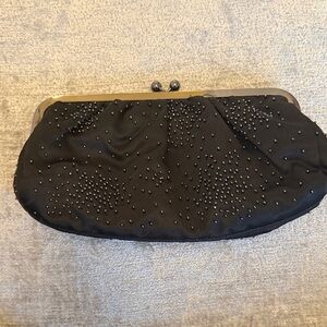 Express Black Beaded Satin Evening Clutch Kiss Lock Formal Bag